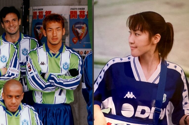 ベルマーレ平塚の顔になった中田英寿と呂比須ワグナー（左）広報になる前、マネージャー職に抜擢された当時の遠藤さん（2000年頃）　©Sankei Shimbun/Sachie Endo