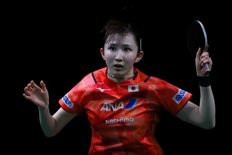 2023年世界卓球女子シングルス準決勝での早田ひな　©JIJI PRESS