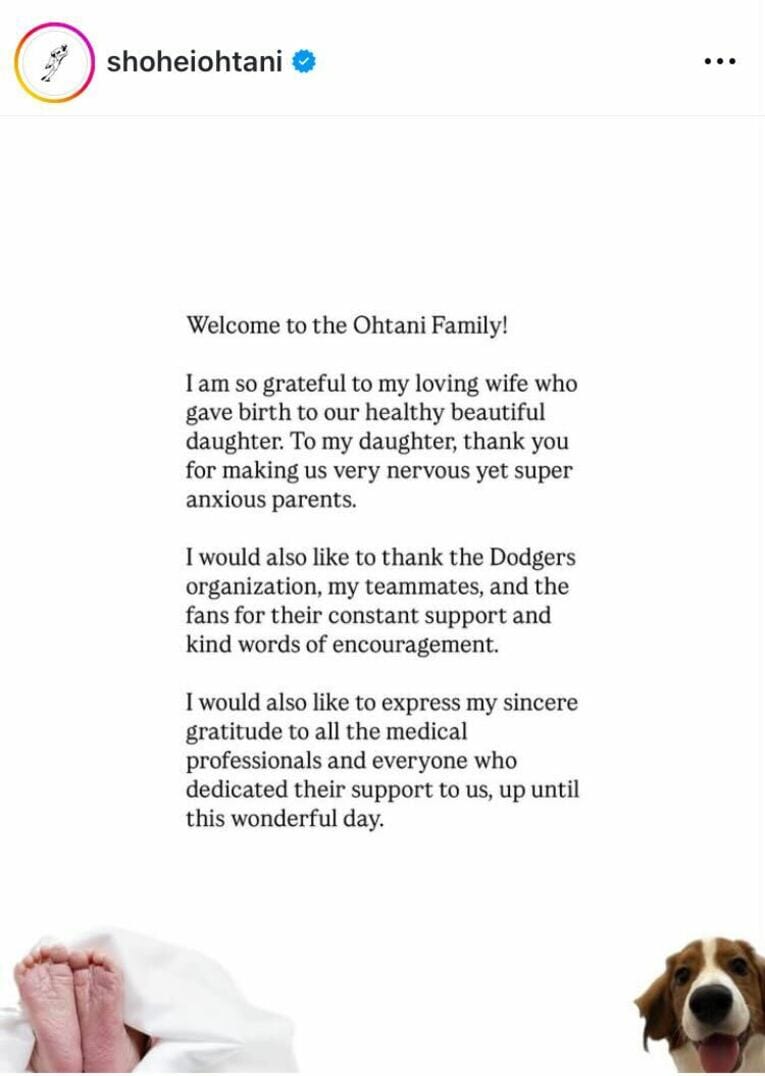 第1子誕生を報告した英語での文面　※大谷のインスタグラムより（大谷一家の幸せ写真／全4枚中の1枚目。スワイプするとその他の写真もご覧になれます）