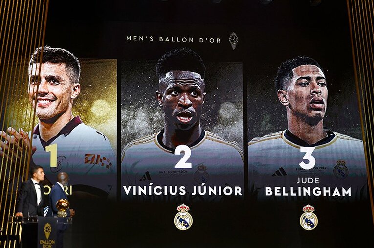 ロドリがバロンドールに輝いた一方で、2位ビニシウス、3位ベリンガムは表彰式を欠席した　©REUTERS/AFLO
