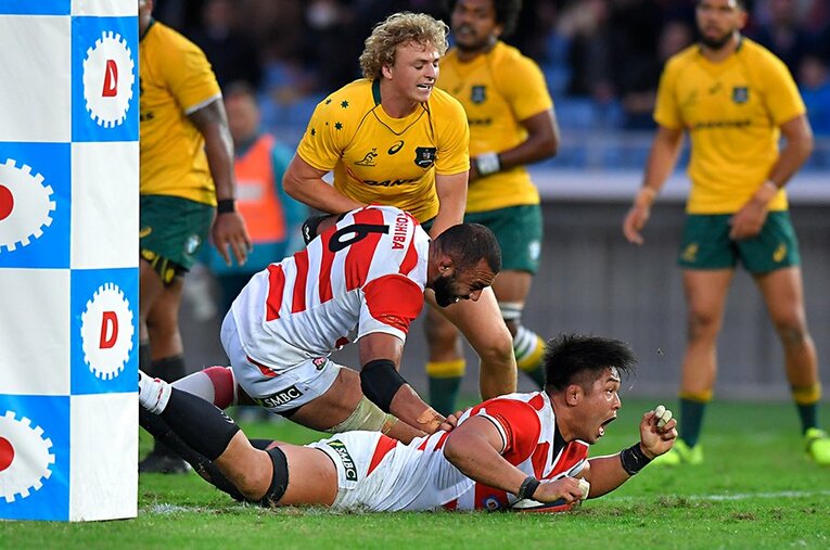 日本代表初キャップとなるデビュー戦（2017年11月4日、対オーストラリア）で初トライを挙げた姫野和樹。2年後のW杯ではチームの主力に成長した ／ photograph by Koki Nagahama/Getty Images