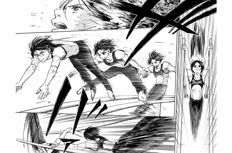 主人公のライバル、堂ヶ瀬朔良の平行棒の演技。体操選手たちが何をしているか、どこが難しいか、そしていかに美しいかが伝わるシーンが目白押しだ。 ／ photograph by ©山岸菜／集英社