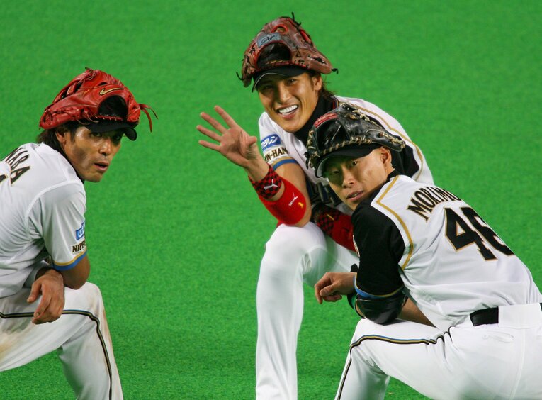 日本ハム時代の稲葉、新庄、森本　©JIJI PRESS