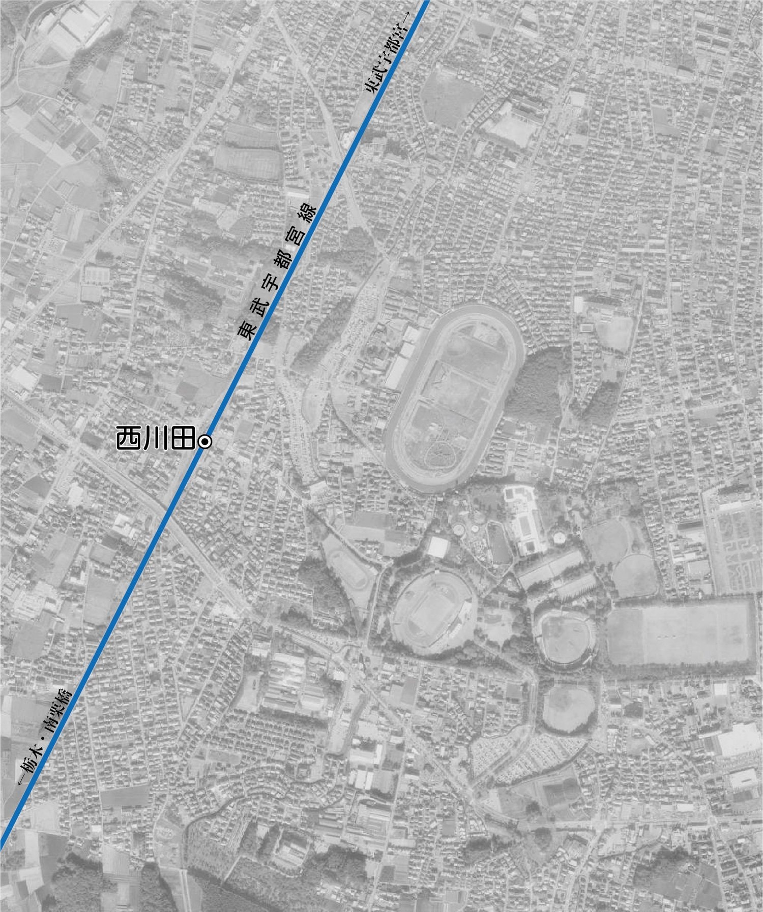 今回の路線図。東武宇都宮駅から電車で8分の西川田駅から跡地を目指す