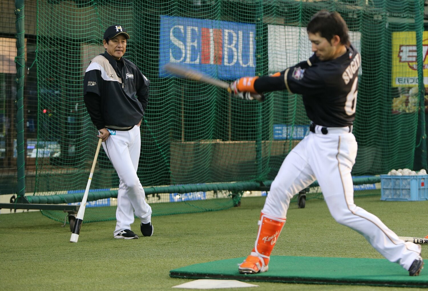 杉谷の打撃練習を見守る栗山監督（2013年）©︎JIJI PRESS