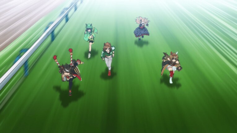 緑のニット帽を被ったサトノラーゼン（左から2番目）の走りも再現している　©2023 アニメ「ウマ娘 プリティーダービー Season 3」製作委員会