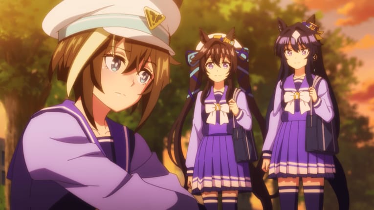 シュヴァルグラン（左）に声をかけるヴィブロス（中央）とヴィルシーナ（右）　©2023 アニメ「ウマ娘 プリティーダービー Season 3」製作委員会