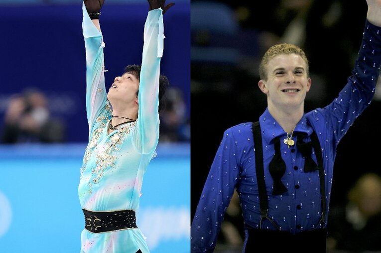 （左）北京五輪フリーでは4アクセルに挑んだ羽生結弦（右）元祖“4回転王”ティモシー・ゲイブル ／ photograph by Getty Images