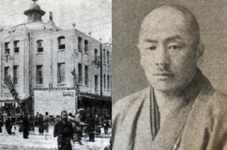 日本に拳闘（ボクシング）興行を根付かせた嘉納健治（右）。彼が興行を取り仕切っていた神戸の劇場・聚楽館（左） ／ photograph by 「ボクシング百年」資料写真