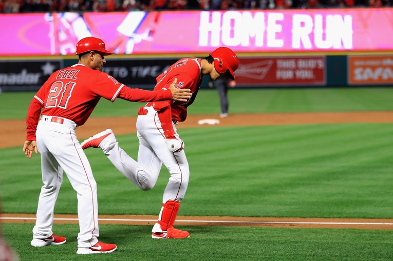 2018年4月3日、メジャー初ホームランを放つ　(C)Getty Images