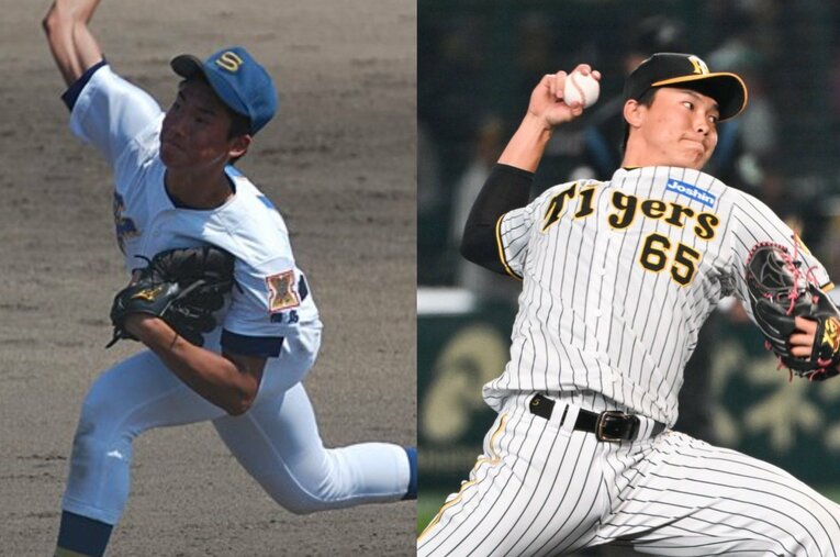 現在は難病からのリハビリに挑んでいる阪神の湯浅。福島・聖光学院高時代の評価からは予想外のプロ入りを果たし日本代表まで駆け上がった ／ photograph by (L)Genki Taguchi、(R)Nanae Suzuki