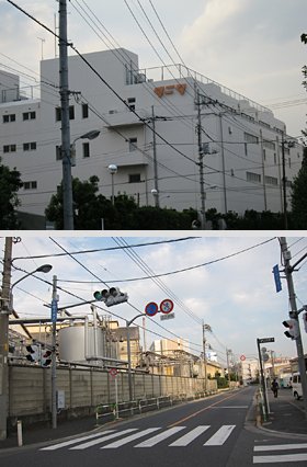 (写真上)最近はヘルシーな社食でも有名になったタニタ。(写真下)団地の周辺に立地する工場群