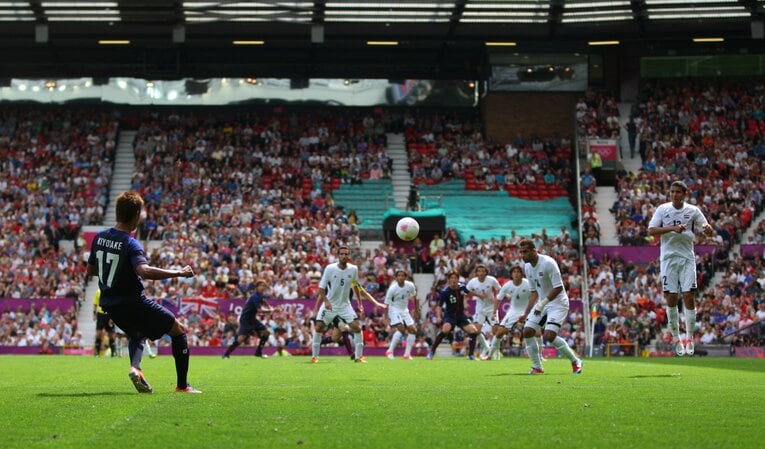 ロンドン五輪、準々決勝エジプト戦（3－0）。78分に清武のフリーキックから吉田麻也のヘディングで2点目が生まれた　©Getty Images