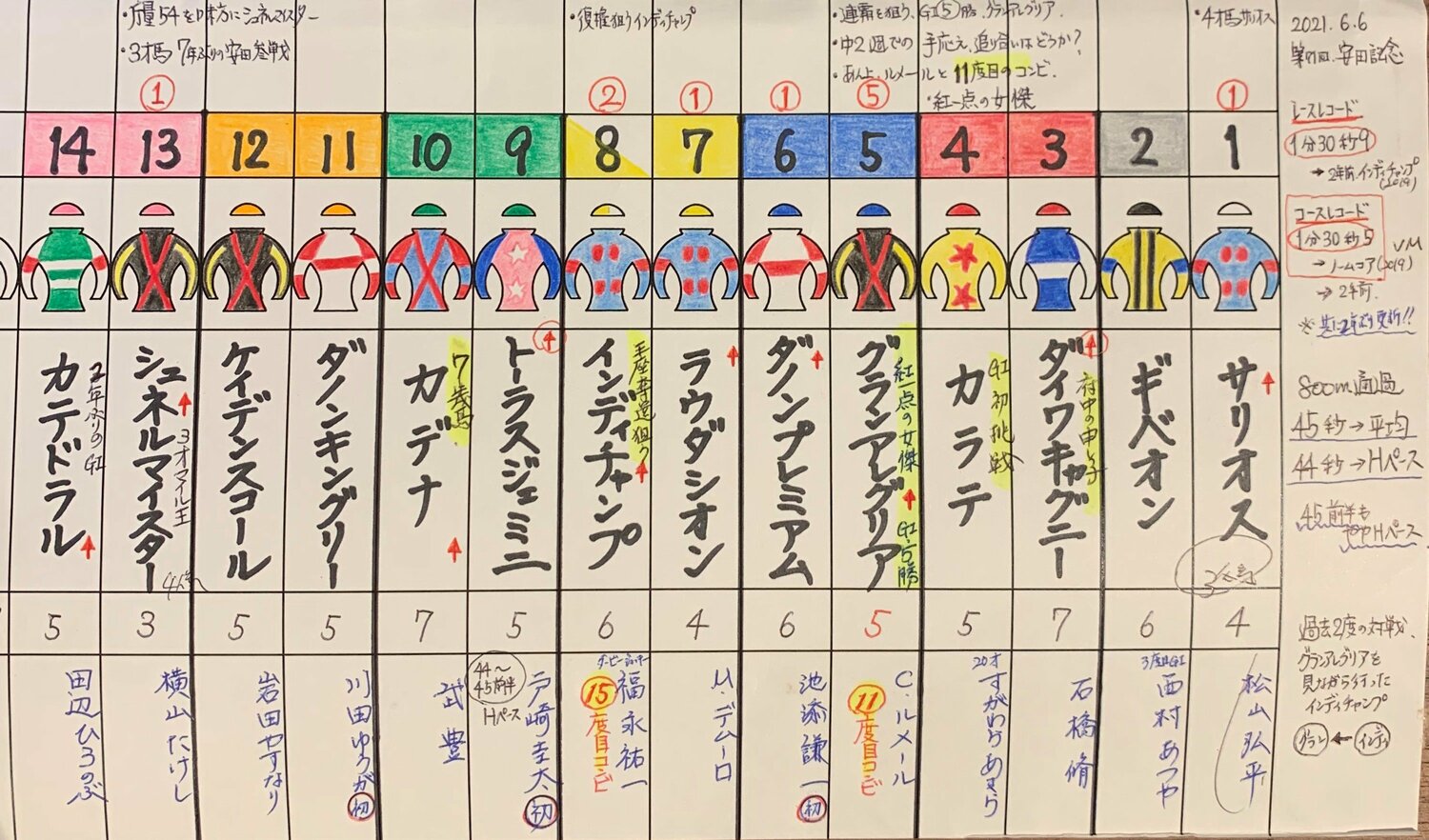 倉田アナが自ら作っている資料。「勝負服に色を塗って、区別ができるようにしています」（写真＝本人提供）