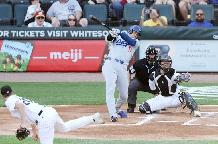 26日のホワイトソックス戦で先頭打者ホームランを放った大谷　©JIJI PRESS