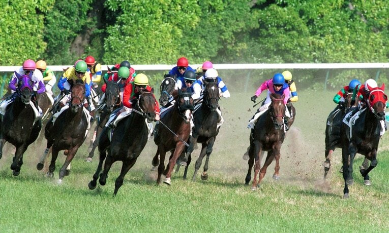 2004年のダービー、4コーナーの出口で先頭に立つ2番人気のコスモバルクと鞍上の五十嵐冬樹　©Sankei Shimbun