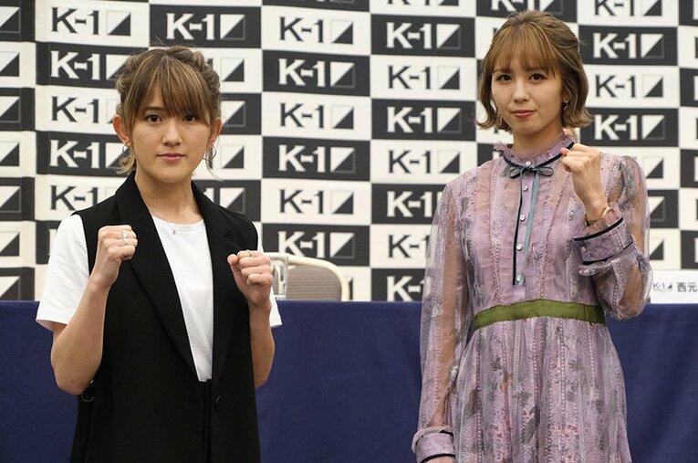 試合前日の会見でのMIO（左）と菅原美優 ／ photograph by Norihiro Hashimoto