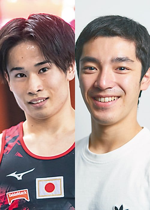 男子主将を務める萱和磨（左）と解説してくれた白井健三さん