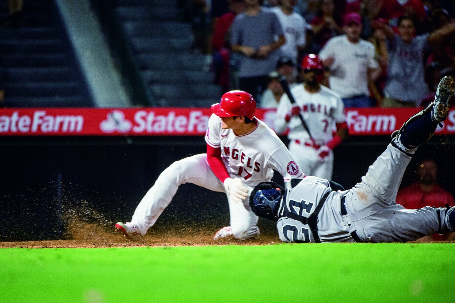 2021年8月31日のヤンキース戦で本盗を決めた大谷。メジャー史上21人目となる40本塁打・20盗塁（40-20）も記録している　©︎Nanae Suzuki