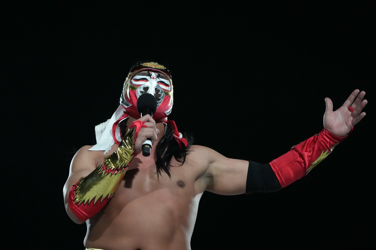 マイクを手にしたハヤブサ。「お楽しみは、これからだ！」の声がスタジアムに響き渡った　©Essei Hara