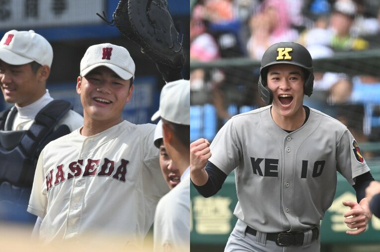 清宮幸太郎（左）が在籍していた時の甲子園出場を最後に甲子園から遠ざかっている早稲田実業。慶応との直近5年間を比較してみると… ／ photograph by Hideki Sugiyama(L)/Naoya Sanuki(R)