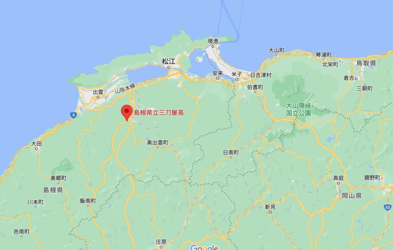 三刀屋高校は島根県にある公立高校だ。出雲より南側、現・雲南市にある（Googleマップより）