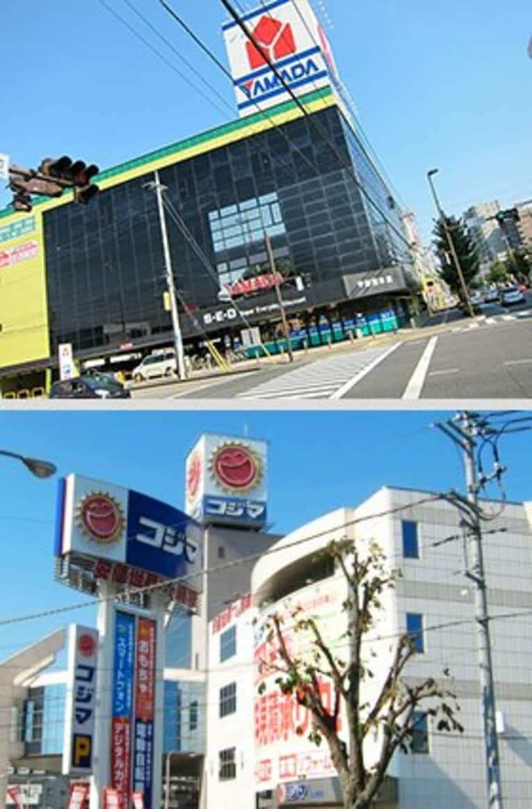 ヤマダ電機とコジマ。郊外ロードサイドの風景として、もっとも典型的な日本の風景である。