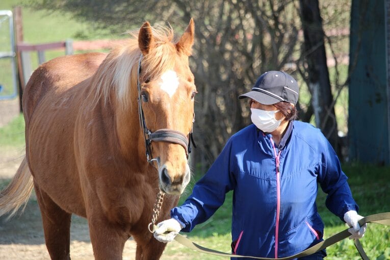 タイキシャトルと、今回話を伺ったノーザンレイクの佐々木祥恵さん　©The Retired Horse Association