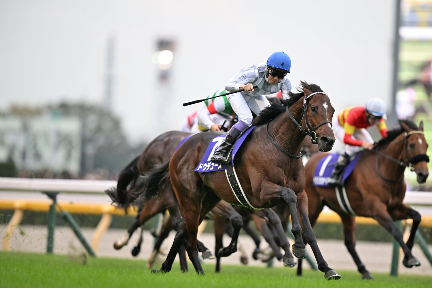 鮮やかな大外一気を決め、右手をあげる武豊　©Keiji Ishikawa