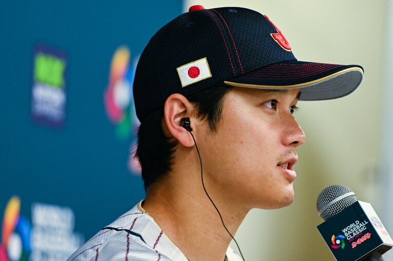 3月8日、前日会見に出席した大谷。最後に語ったのは、ヌートバーのことだった　©Nanae Suzuki