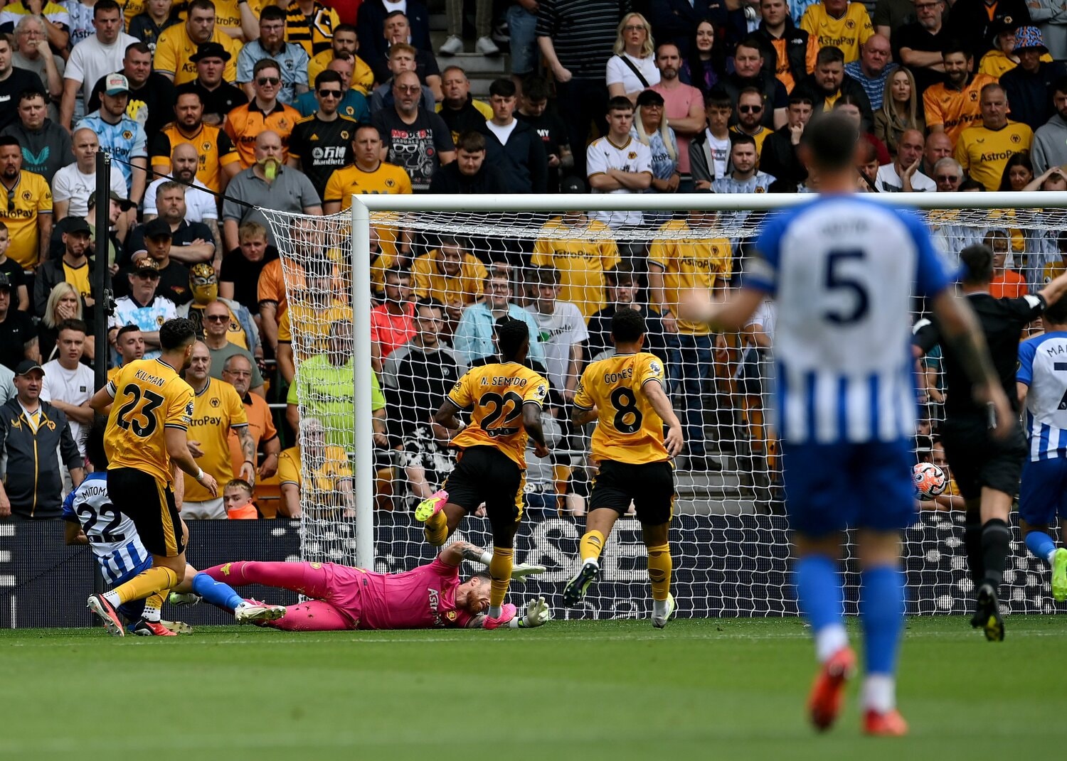 三笘薫の衝撃ゴール【3枚目／全5枚】4人のDFを置き去りに。倒れ込みながらゴール右隅に決め切った。ホームサポーターは啞然とした表情　©AFLO