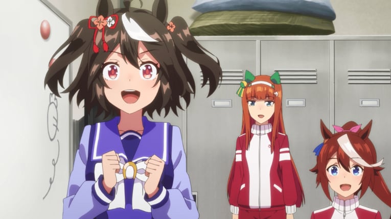 キタサンブラック（一番左）の練習強化に背中を押す、サイレンススズカとトウカイテイオーのふたりの先輩　©2023 アニメ「ウマ娘 プリティーダービー Season 3」製作委員会