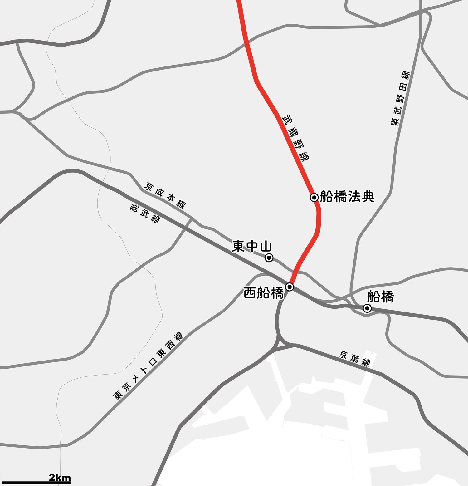 JR船橋法典駅近辺の路線図。駅から中山競馬場は専用地下道で10～15分ほど