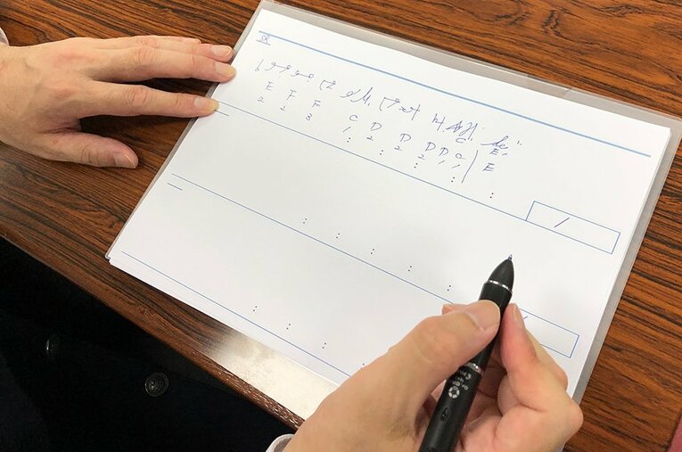 演技の内容はこのように書き込まれる。高橋氏オリジナルの表記方法の一部は世界共通で使用されている　©Sports Graphic Number