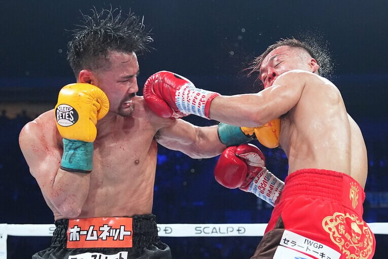 9回、比嘉大吾の左フックで堤聖也がダウンした瞬間（2枚目／全2枚） ©Naoki Fukuda