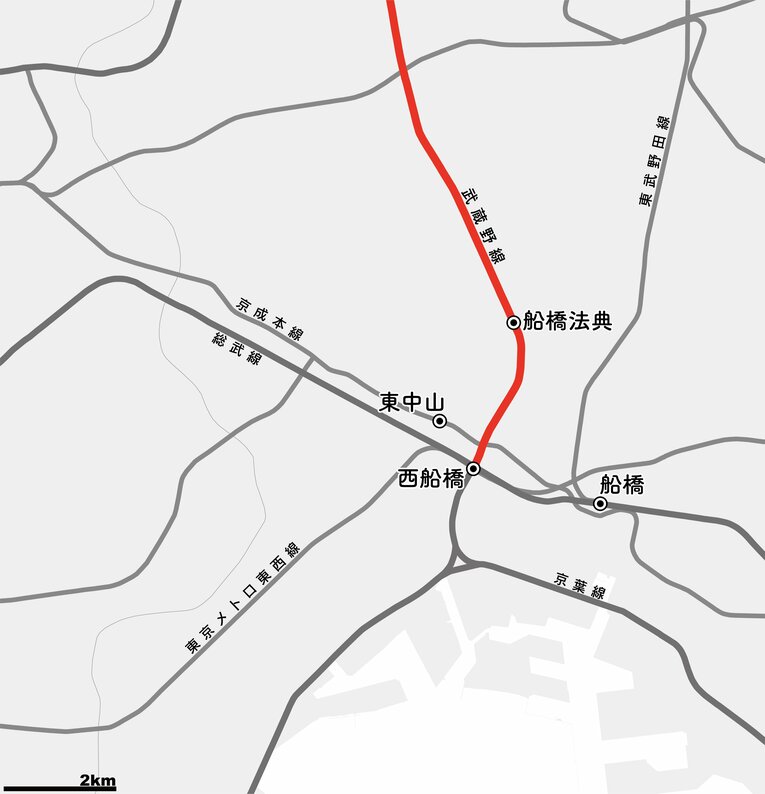 JR船橋法典駅近辺の路線図。駅から中山競馬場は専用地下道で10～15分ほど