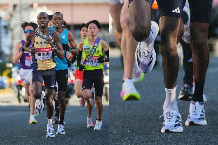2区の集団をリードする東京国際大・エティーリの足元を見てみると…ちなみにすぐ後ろの山梨学院大・ムトゥクも同モデルのようだ　©Yuki Suenaga