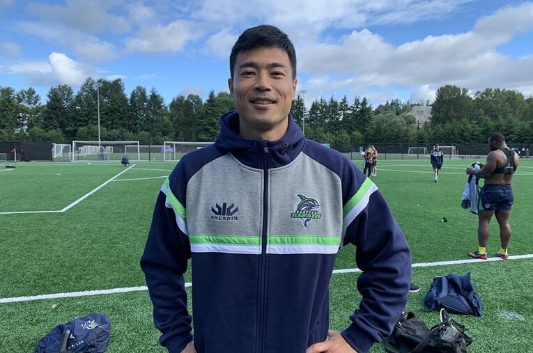 新天地シアトル・シーウルブズの練習着姿の山田章仁。13日は畠山健介がいるニューイングランドジャックスとの試合を控える ／ photograph by Akihito Yamada