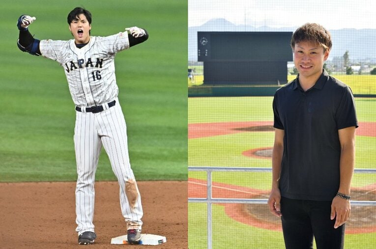 WBC準決勝のメキシコ戦で9回先頭打者で二塁打を放ち、ベース上からチームを鼓舞した大谷（左）／花巻東では上位打線で二遊間を守り攻守の要だった太田知将（右）。現在は岩手日報の記者　©︎Naoya Sanuki / Toru Sasaki