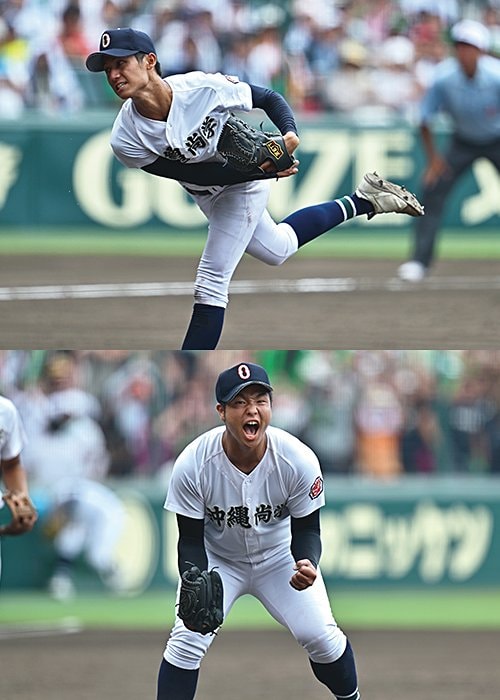 （左）9回裏、四球と自らのエラーで背負った1死一、三塁の場面。末吉はゲッツーで試合を決めると歓喜のガッツポーズ ／ （右）大会を通じて317球24奪三振の新垣。「有」の字はダルビッシュ（パドレス）にあやかって付けられたという