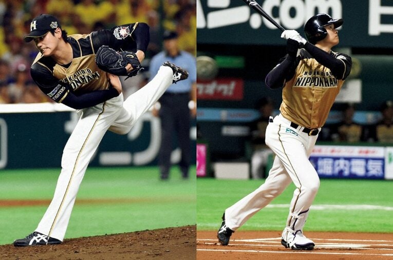 日本ハム時代の二刀流。大谷は現在よりもだいぶ線が細い ／ photograph by NIKKAN SPORTS