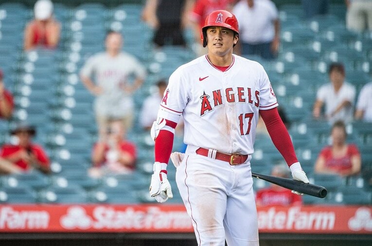 ア・リーグ本塁打王争いで3位の45本を放っている大谷翔平（9月23日現在）。投手としては９勝、残り試合で二桁勝利を目指す ／ photograph by Nanae Suzuki