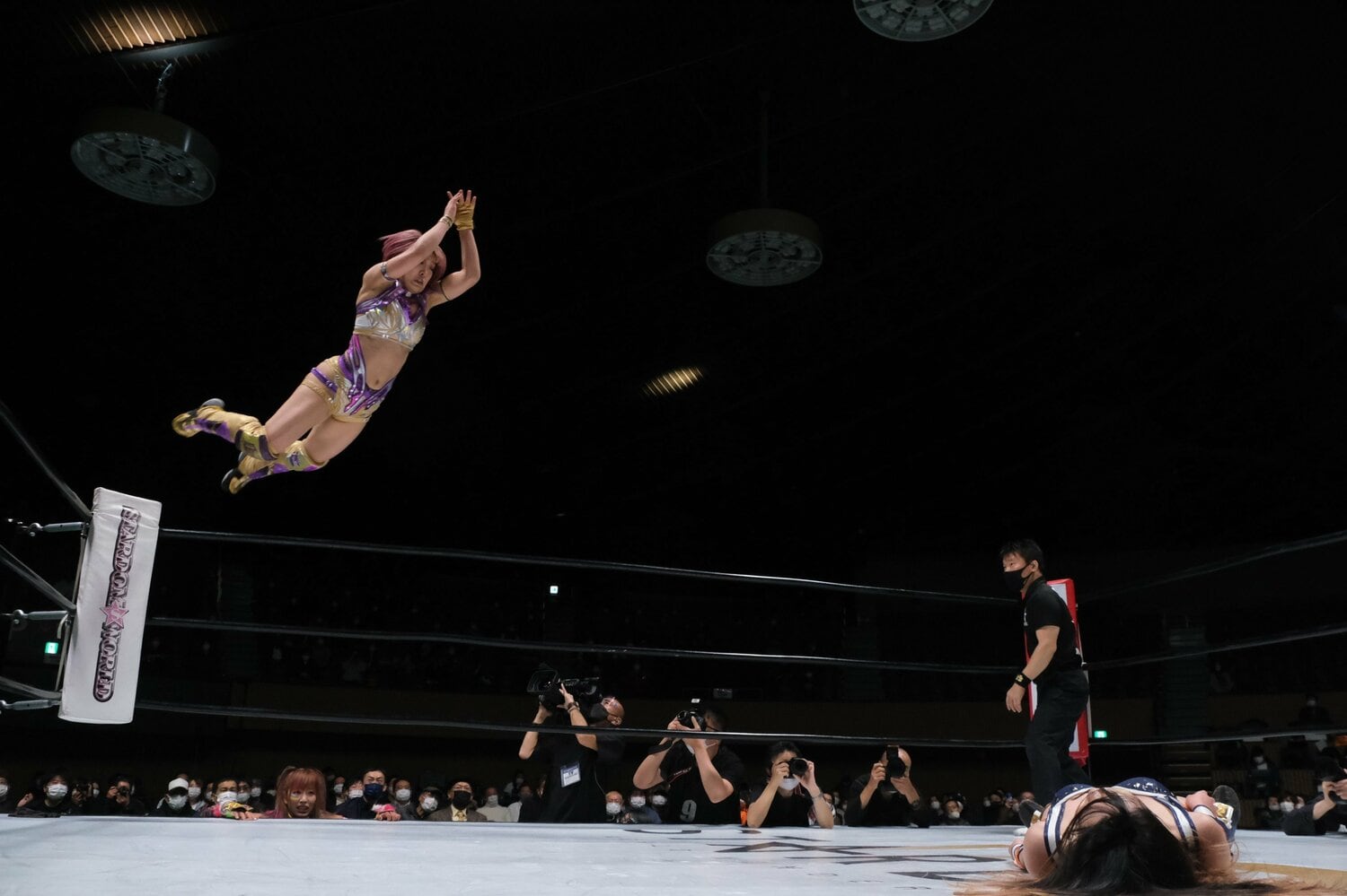 コーナー上からのダイビング・フットスタンプ