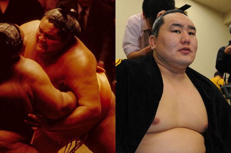 外国出身力士として初めて横綱の地位まで登り詰めた曙と、年6場所完全制覇の偉業を成し遂げ“ドルジ”の愛称で親しまれた朝青龍 ／ photograph by Sports Graphic Number