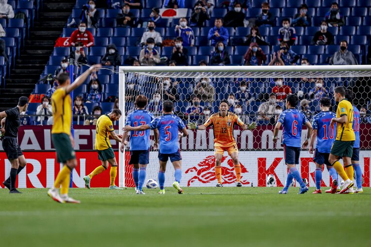 2021年10月、オーストラリア戦での権田ら日本代表　©Kiichi Matsumoto