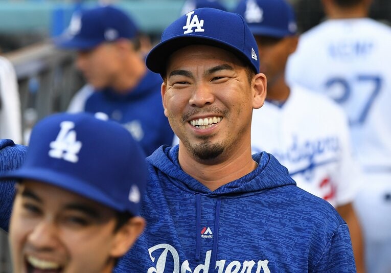 かつてドジャースで活躍した前田健太。手前が当時通訳のウィル・アイアトン　©Jayne Kamin-Oncea/Getty Images