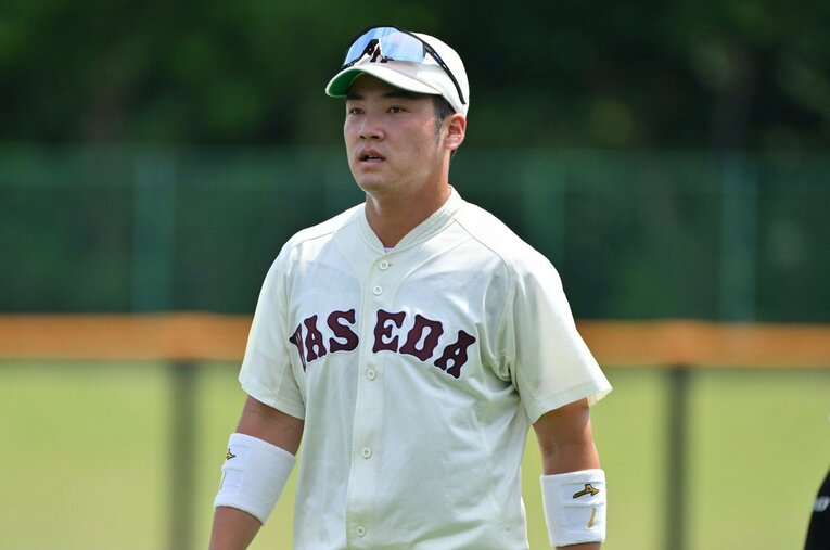 楽天から5位指名を受けた吉納翼。早大では副将も務めたスラッガーで、非凡な潜在能力を持つという ／ photograph by Hideki Sugiyama