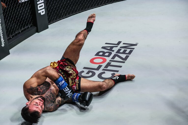 武尊のラッシュを浴びてケージに転がるピューリック　©ONE Championship