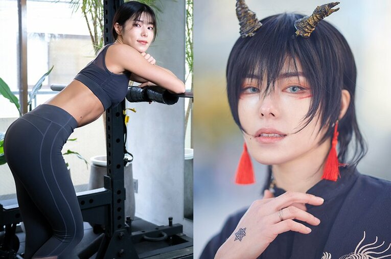 鍛え上げられた肉体美を生かしたコスプレで人気を集めているとももともも。右は実際のコスプレ写真 ／ photograph by Takuya Sugiyama／本人提供