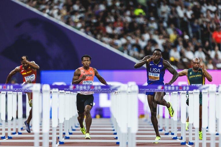 【東京世界陸上】110mハードル予選を走る村竹ラシッド（JAL）　©Kiichi Matsumoto